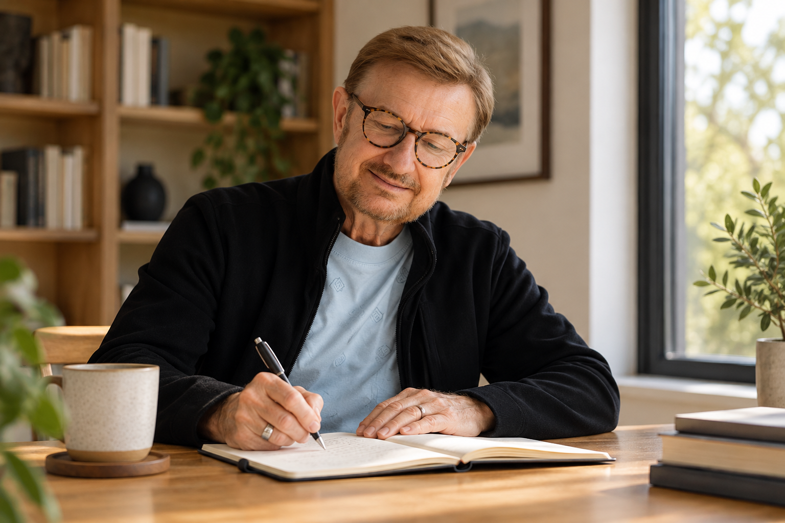 Editorial portrait of Glenn Sauls writing by a window